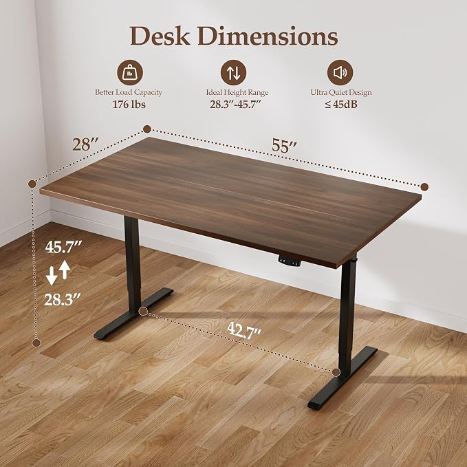 Klicelor 55 x 28 Electric Standing Desk, Sit Stand Up Home Office Desk, Height Adjustable Deep Cumputer Table with Memory Presets and Hooks, Two Pieces, Dark Walnut - Image 3