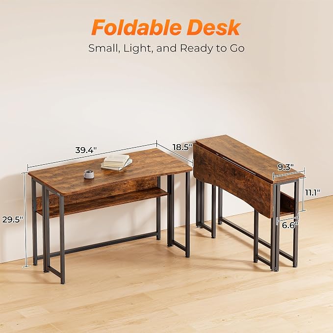 Huuger Folding Desk with Storage Shelf, 39.3 Inch Foldable Computer Table | Writing Work Office Computer Desk for Small Spaces, Space Saving Sofa Table for Couch, Easy to Fold, Rustic Brown - Image 2