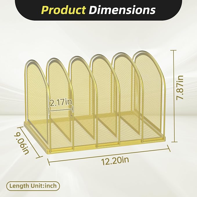 5-Section File Organizer for Desk, Metal File Folder Holder, Gold | 5 Vertical Compartments with Sturdy Metal Base for Office Documents Books Magazines and Laptop - Image 2