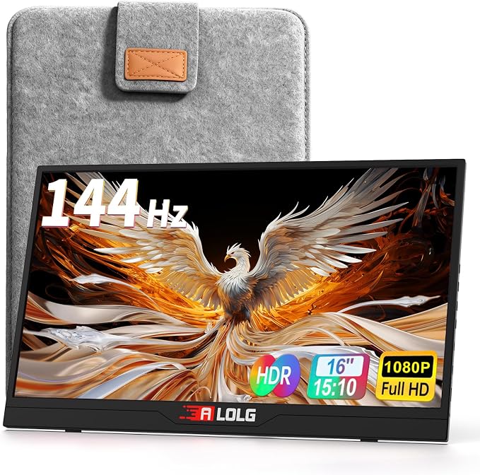 144Hz 16" Portable Monitor 1920x1200 FHD IPS with USB-C Mini HDMI | Full-function USB-C one-cable video & power HDMI port, for laptops, phones, PS5, Switch, Xbox without extra adapters by ALOLG