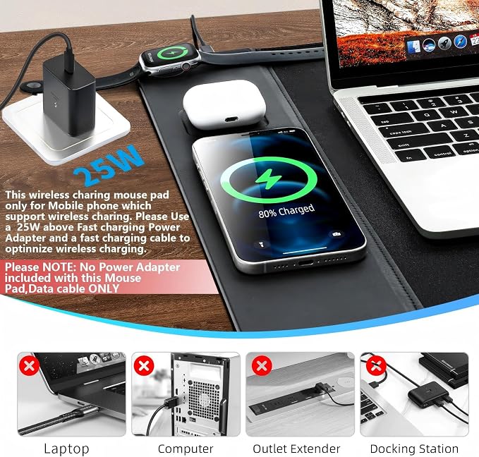 VOVIPO 3 in 1 Wireless Charging Mouse Pad, Gaming Mousepad with Wireless Charger Multiple Devices Compitable with Watch/iPhone/Airpods, Large Desk Mat 90 x 40cm,Desk Pad for MacBook, PC, Laptop-Black - Image 3