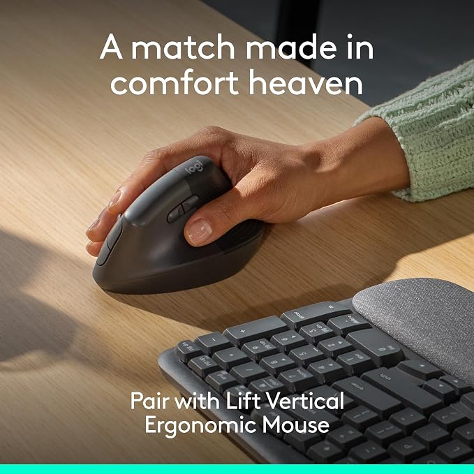 Logitech Wave Keys Wireless Ergonomic Keyboard - Graphite | Cushioned palm rest, comfortable natural typing, Easy-Switch, Bluetooth, Logi Bolt receiver, for multi-OS Windows/Mac - Image 8