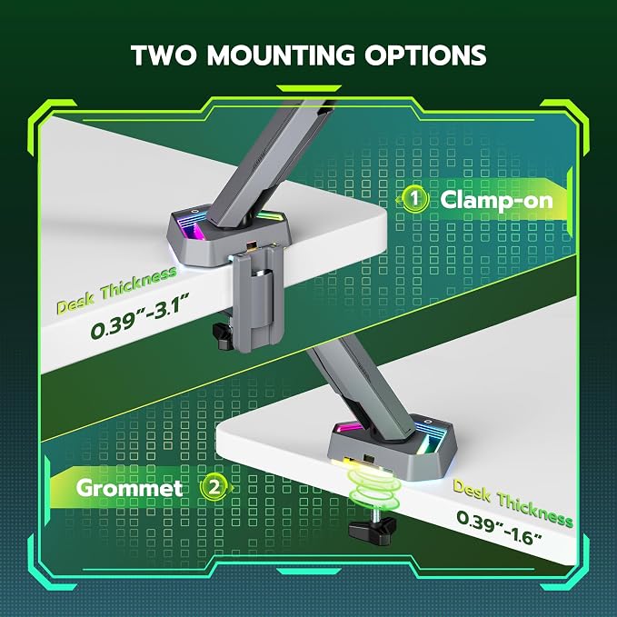 ARES WING RGB Single Monitor Arm Desk Mount for 17-45 inch Monitors, Gray | Monitor Arm Desk Mount Holds 35.2 lbs Heavy Duty, Adjustable Ultrawide Monitor Arm with Clamp & Grommet Base, 75/100 VESA - Image 7