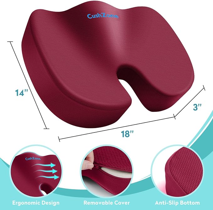 Gel Seat Cushion, Enhanced Memory Foam Cushion for Tailbone Pain, Red | Cooling Gel for Office Chair, U-shaped Design Chair Cushion for Gaming, Car, Wheelchair, Non-Slip Base, Washable Cover - Image 3