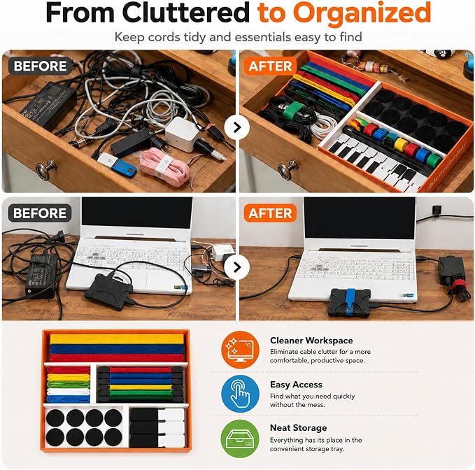 Cable Management Kit, 135 Pcs Reusable Cable Ties and Cord Labels | with Adhesive Cable Clips, Hook and Loop Straps for Under Desk Wire Organizer Home Office - Multicolor - Image 3