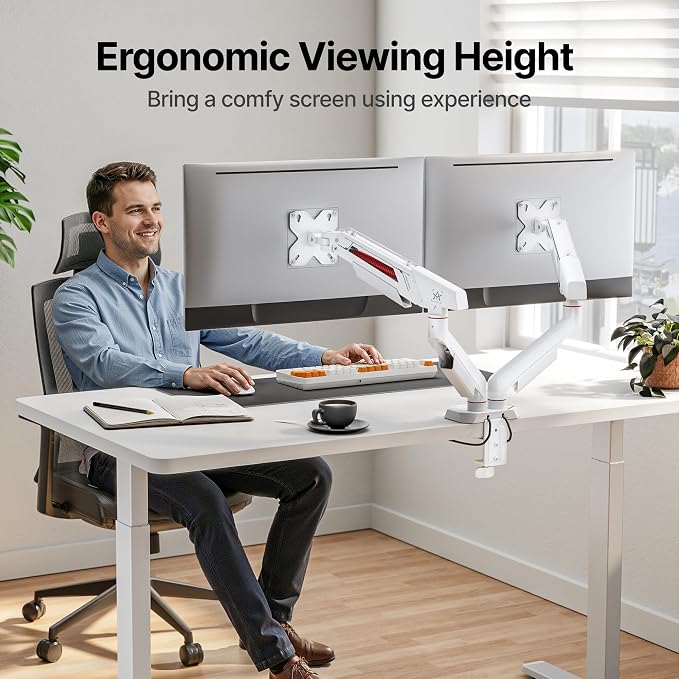 ARES WING 17-35 Inch Heavy Duty Dual Monitor Arm with USB, White | Fully Adjustable Monitor Mount for Flat Curved Ultrawide Screens Up to 26.5lbs, C-Clamp & Grommet Base, 75/100 Vesa Mount - Image 9