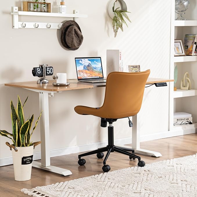 YOUNIKE Office Desk Chair with Wheels Armless Vanity Chair Modern Tan | Faux Leather Upholstered with Rocking Back, Swivel Height Adjustable Small Cute Computer Rolling Task Chair Ergonomic 300lb - Image 8