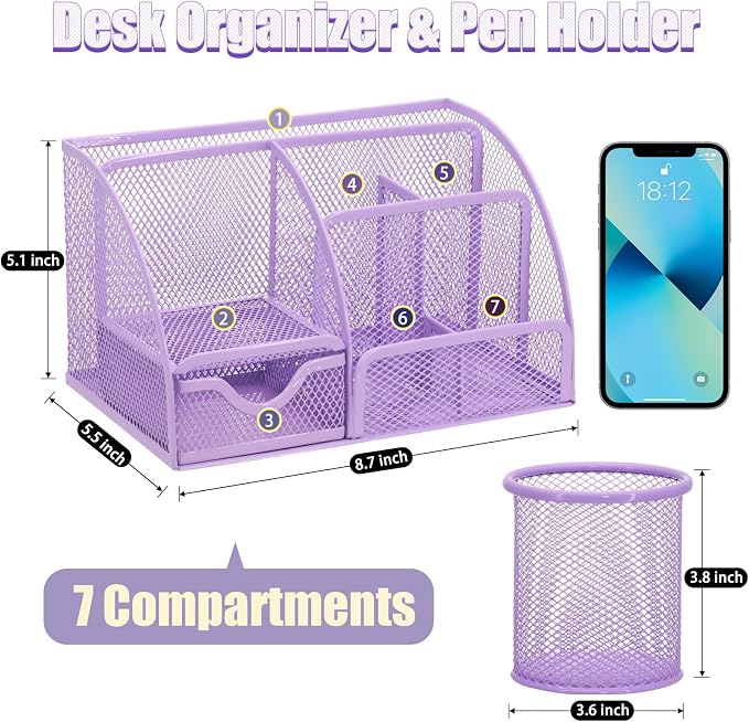13-in-1 Office Desk Organizer Set for Back to School Supplies Accessories | Organizer Set with Stapler and Tape Dispenser, Pen Holder, Scissors, Ruler, Hole Punch, 2 Pens & More Desk Supplies - Image 2