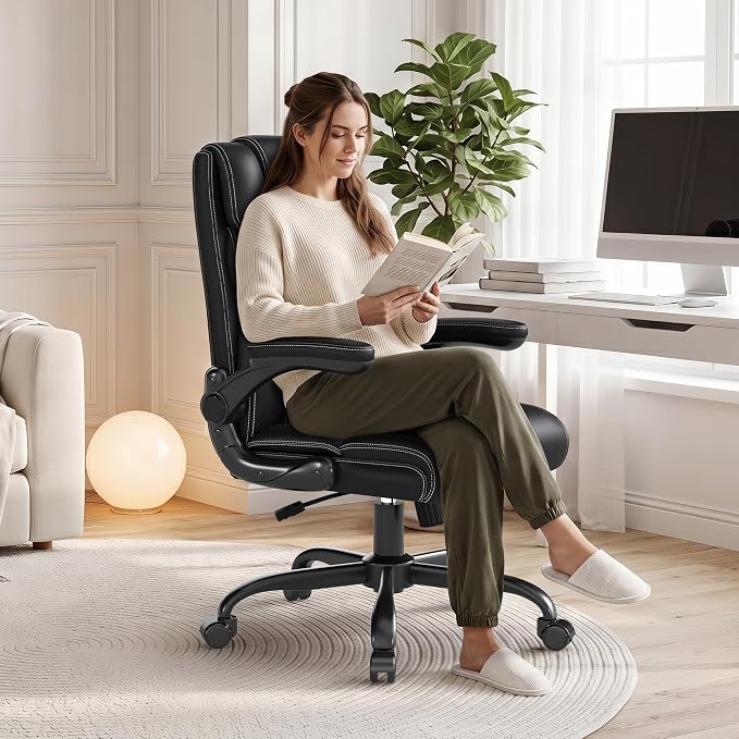 Office Chair, Executive Mid-Back Computer Desk Chair with Flip-up Armrests | 300 Lbs Ergonomic Leather Swivel PC Chair with Rock Function for Working Studying (Black) - Image 8