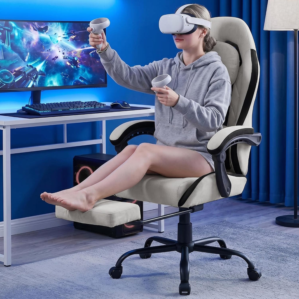 Gaming Chair with Footrest, Ergonomic Fabric Desk Chair, Grey - Image 2