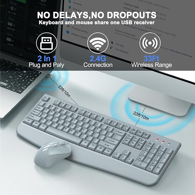 Wireless Keyboard and Mouse Combo, ULSOU 2.4G Full-Sized Ergonomic Computer Keyboard with Wrist Rest and 3 Level DPI Adjustable Wireless Mouse for Windows, Mac OS Desktop/Laptop/PC(Grey) - Image 4