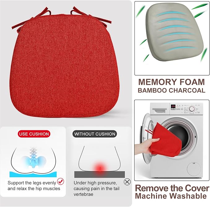 SINOSSO 1 Pack Memory Foam Chair Cushions for Dining Chair, Friendly Woven Fabric 16" U-Shape Comfortable Kitchen Chair Pad, Removable Slip Resistant Seat Cushion (1 Piece, Red) - Image 5