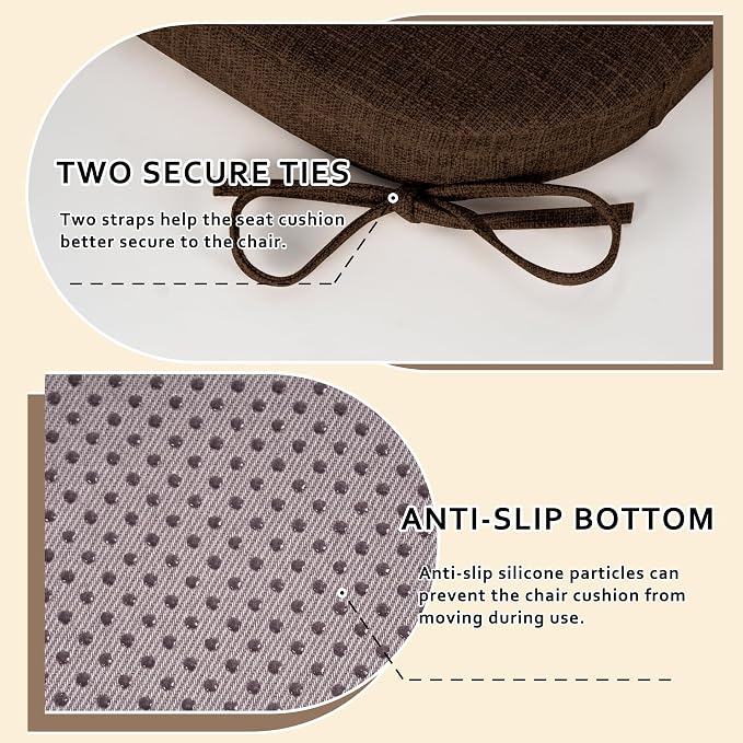 ELFJOY Non-Slip Chair Cushions for Dining Chairs Coffee 16.7"x16" | 4 Pack, with Ties and Washable Cover, U Shape, Breathable Fabric, for Kitchen Dining Office Folding Chairs，Comfortable - Image 4