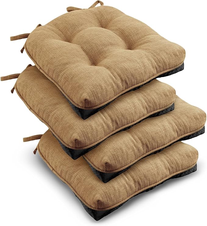 downluxe Indoor Chair Cushions for Dining Chairs, Tufted Overstuffed Textured Kitchen Chair Pads with Ties and Non-Slip Backing, 15.5" x 15.5" x 4", Taupe, 4 Pack by Downluxe