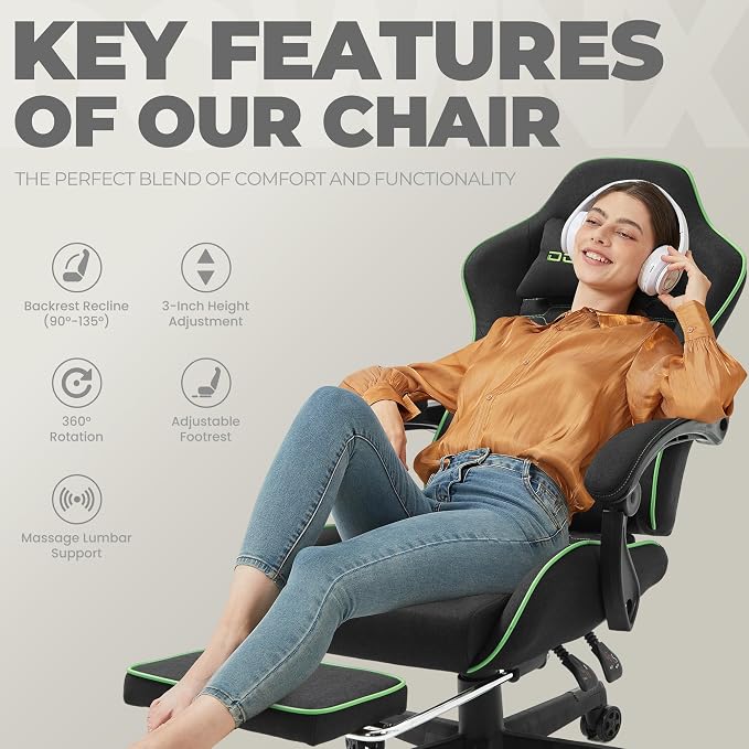 Dowinx Gaming Chair Fabric with Pocket Spring Cushion, Massage Game Chair Cloth with Headrest, Ergonomic Computer Chair with Footrest 290LBS, Black Green - Image 8