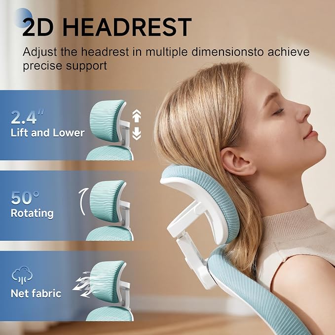 Ergonomic Office Chair with Adjustable Lumbar Support and Headrest, High Back Mesh Desk Chair for Home Office,Flip-Up Arms 90-120° Tilt Lock Rolling Swivel Task Chairs (White-Blue6065) - Image 3