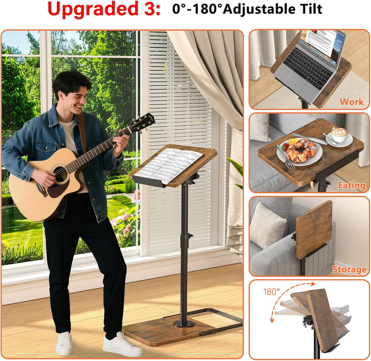 TV Tray Table for Couch, Height Adjustable/360° Swivel/180° Flip-Over Panel Design C-Shaped End Table, Sofa Arm End Side Table with Phone & Tablet Slot for Eating, Laptop,Couch Bed (Vintage Brown) - Image 4