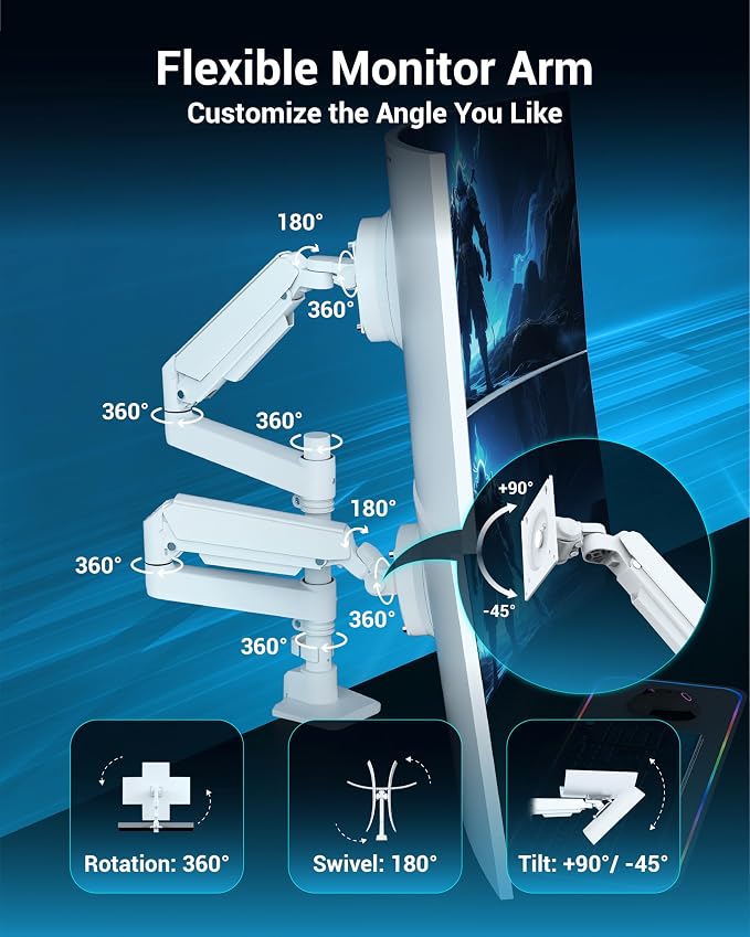 Ergounion Dual Monitor Arm for 13-49 Inch Ultrawide Screens, Heavy Duty Monitor Mount for 2 Monitors up to 44lbs, Full Motion Vertical Stacked Dual Monitor Arm Desk Mount, 75/100mm VESA Mount, White - Image 4