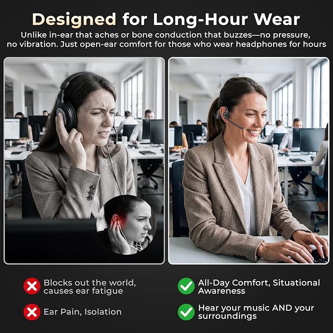 Air Conduction Open Ear Headphones with Mic, AI Noise Cancelling Bluetooth Headset, Dual Connect Wireless Headphones with Mute Button, 32g Lightweight for Work, Driving, Workout, Calls Black - Image 3