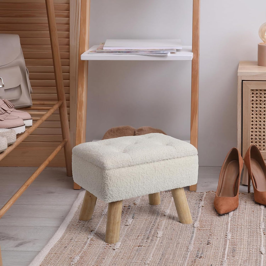 Storage Ottoman, Small Foot Stool Ottoman with Storage, Boucle Teddy Velvet Foot Rest with Padded Seat, Sturdy Wood Legs Stool for Living Room, Bedroom, Couch, Enterway (Cream) - Image 7