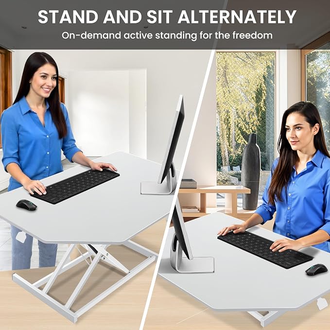 Aconcept 40 inch White Corner Height Adjustable Standing Desk Converter, One-Click Sit to Stand up Desk Riser, Pre-Assembled for Dual Monitor and Laptop Workstation - Image 4