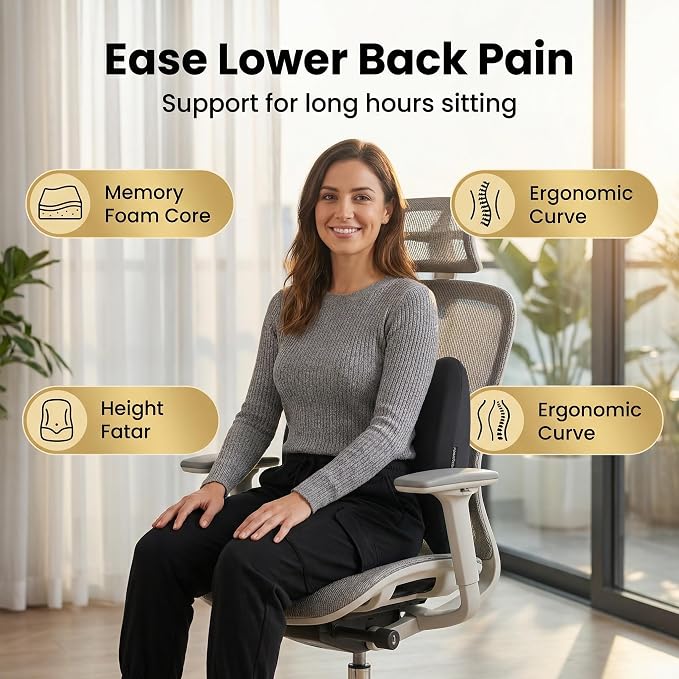 Lumbar Support Pillow Memory Foam Back Cushion for Sciatica & Lower Back Pain Relief Orthopedic Posture Corrector for Office Chair Gaming Chair Car Seat Breathable Washable - Black - Image 4