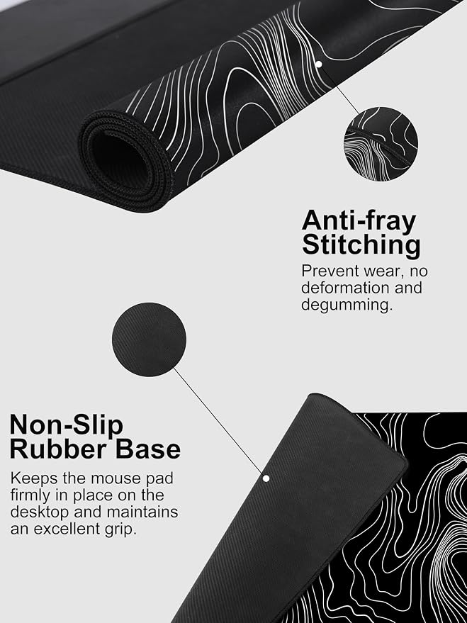 TopMade Mouse Pad with 15W Fast Wireless Charging, 31.5"x15.75" XXL Large Gaming Waterproof Desk Pad with Ultra-Smooth Surface, Non-Slip Base, Computer Desk Mat, Black Topographic Map #2 - Image 6