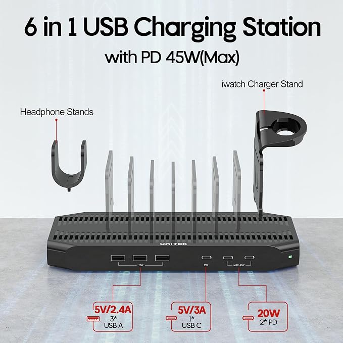 Unitek USB C Charging Station for Multi-Devices, Charger Dock with 2xPD 20W | Type C Charging Station for Multiple Devices, 6 IN 1 Fast Charger Organizer Dock for iPhone iPad Android Tablets All Charging - Image 2