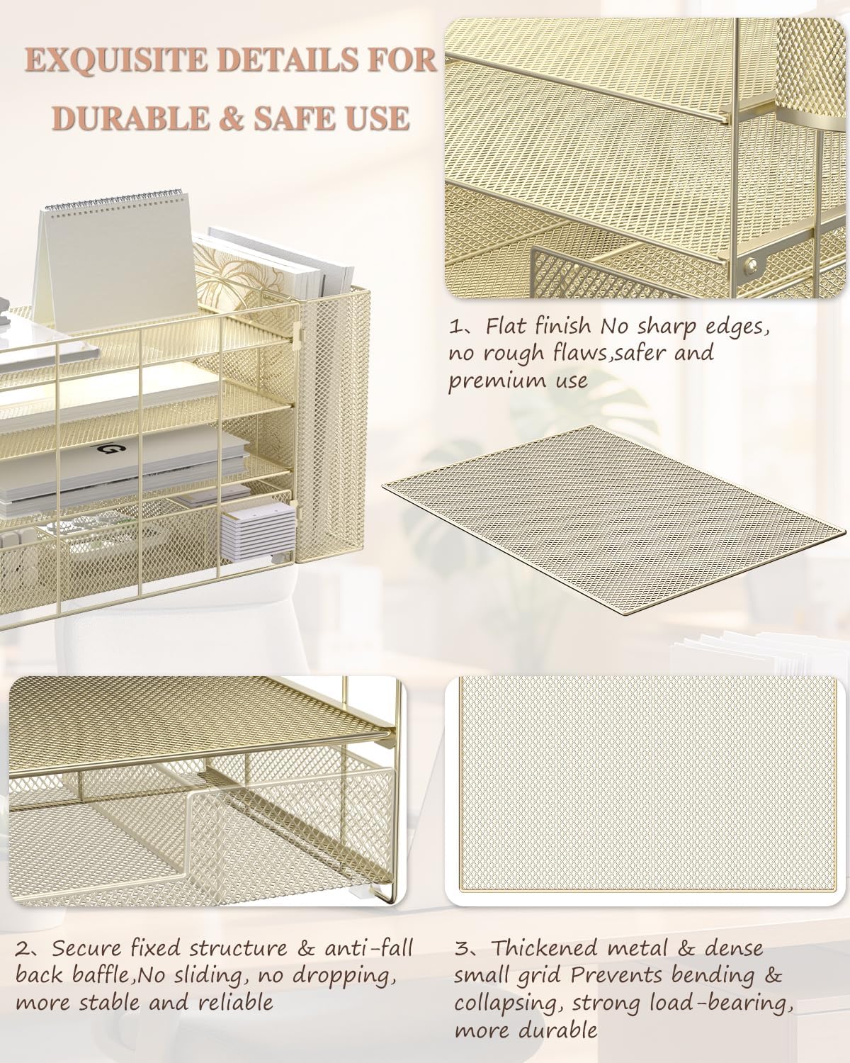 WALI Desk File Organizer, 4 Tier Desktop Paper Letter Tray Organizer with Drawer and 2 Pen Holders, Office Desk Accessories & Workspace Organizers for Office, Home, School Supplies, 1 Pack, Gold - Image 5