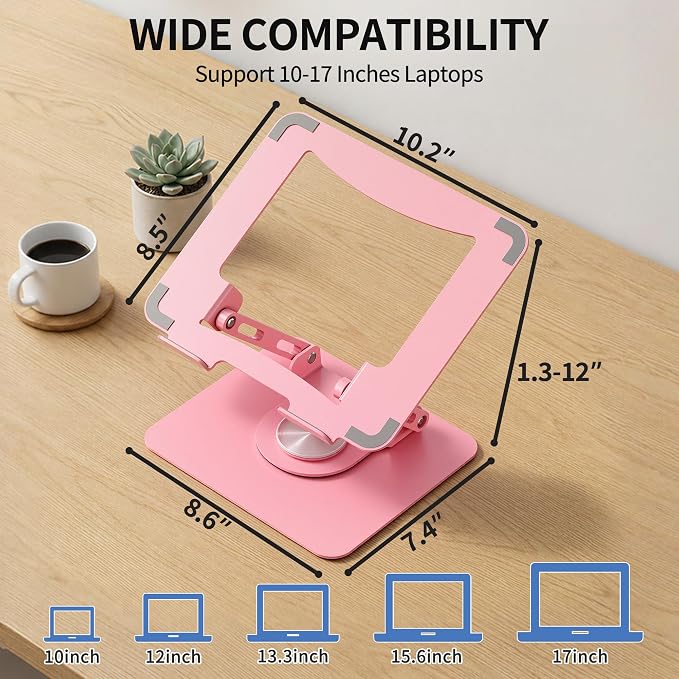 SOUNDANCE 360 Rotating Laptop Stand, Ergonomic Computer Riser for Desk, Adjustable Height Multi-Angle Metal Holder, Foldable Portable Notebook Elevating Base for Office & Home, Pink - Image 6