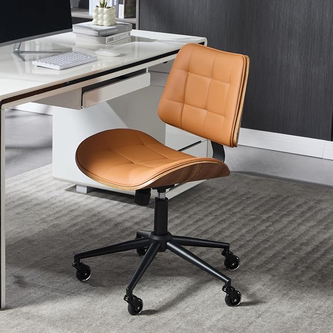 Home Office Desk Chair with Rubber Wheels, Armless Bentwood, Brown | Adjustable Height Armless Office Chair, PU Leather Mid Back 360°Small Computer Chair, No Arms Walnut Seating, 300LBS Support - Image 3