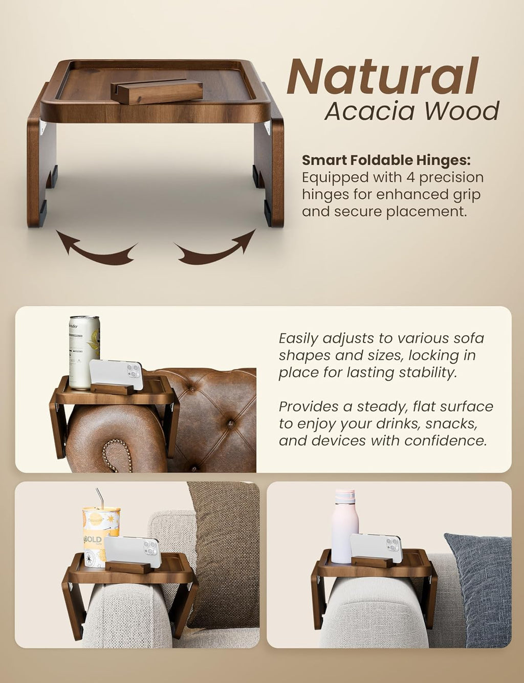 15.75" Acacia Couch Armrest Table with Phone Holder, Walnut Color - Image 3