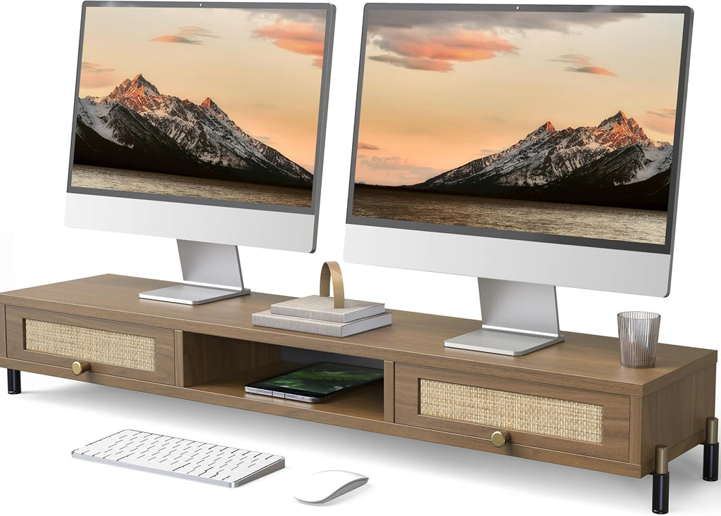 Fenge Dual Monitor Stand, Wooden Riser with Rattan Woven Flip Drawers by Fenge