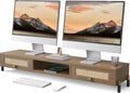 Fenge Dual Monitor Stand, Wooden Riser with Rattan Woven Flip Drawers by Fenge