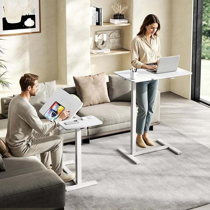 DUMOS Standing Desk with Wheels, Rolling Desk, Laptop Table | Adjustable Height, Portable Computer Workstation, Tilting Desktop, Home Office Classroom Bedside, White - Image 2