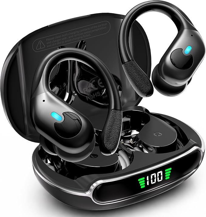 Active Noise Cancelling Ear Buds Wireless Earbuds 90H Playtime Bluetooth Headphones Stereo Bass Over-Ear Hooks Earphones with Power Display Case IPX7 Waterproof Headset for Workout/Running, Black by WHYKJTEK
