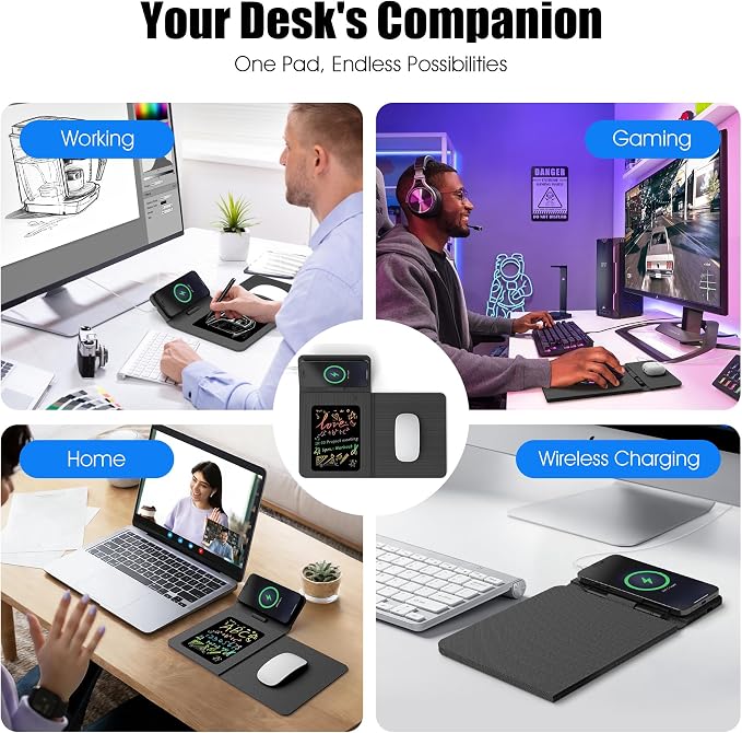 Foldable Wireless Charging Mouse Pad with Writing Tablet,15W Qi Magnetic Fast Charging Travel Mouse Pad,Multi-Functional PU Leather Mat Charging Pad for iPhone Samsung iWatch,Office Home Accessories - Image 6