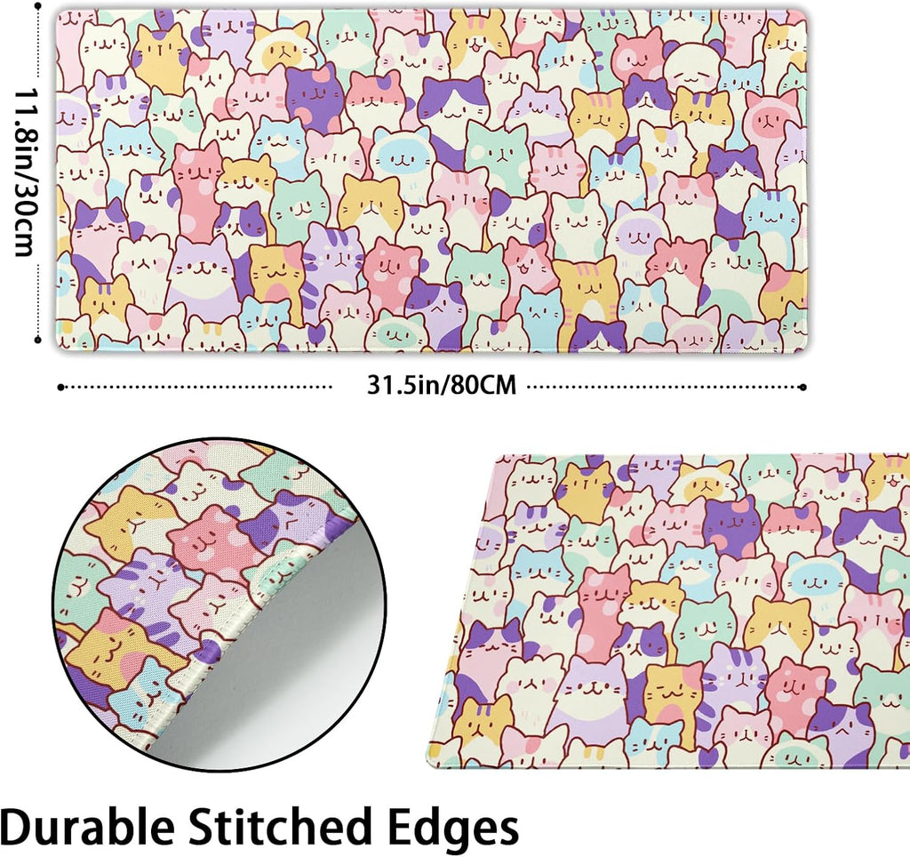 Kawaii Cats Gaming Mouse Pad XL Cute Anime Kittens Japanese Extended Large Desk Mat 31.5”x11.8” Cats Desk Pad for Gamer Non-Slip Rubber Base Stitched Edge Long Keyboard Mousepad for PC Computer Laptop - Image 3