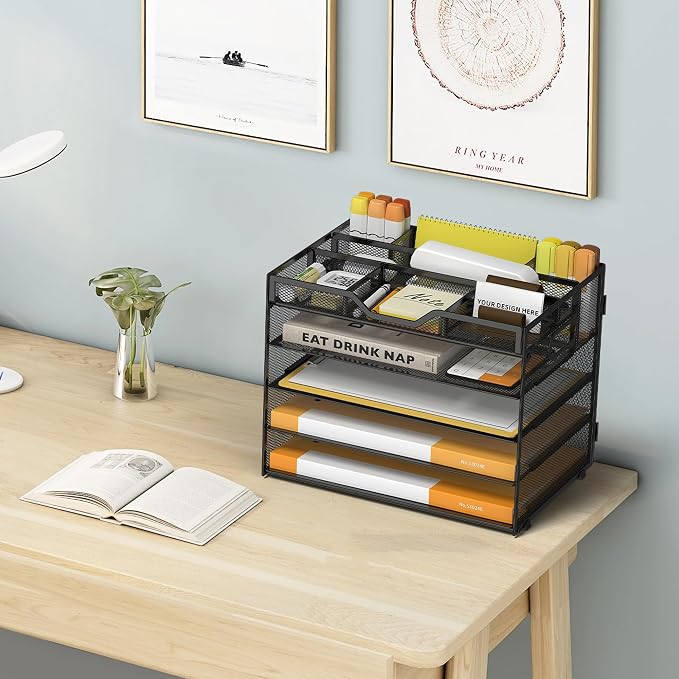 5 Tier Paper Letter Tray Desk Organizer with Pen Holders - Black | Features 3 pen holders and 4 removable dividers.Versatile mesh desktop storage for mail, document,office supplie - Image 6