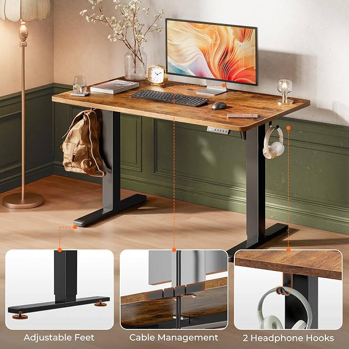 Huuger 48 x 28 Large Electric Standing Desk, Height Adjustable Desk, 27.6" Deep Desktop, Stand up Gaming, 2 Hooks, 3 Preset Heights, for Home Office, Rustic Brown - Image 7