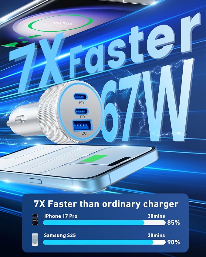 67W 3-Port Super Fast Type C Car Charger USB C for Samsung S26 S25 S24 S23 | iPhone 17/16/15 Pro Max, Android, Cigarette Lighter USB Charger Car Phone Adapter Accessories for Men Women + 3FT USB-C Cable - Image 2