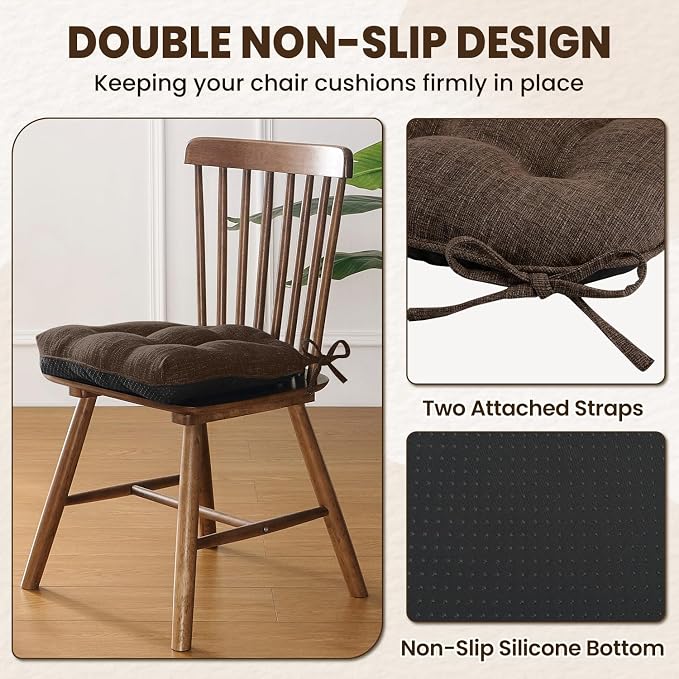 downluxe Indoor Chair Cushions for Dining Chairs, Tufted Overstuffed Textured Foam Kitchen Chair Pads with Ties and Non-Slip Backing, 15.5" x 15.5" x 4", Brown, 6 Pack - Image 4
