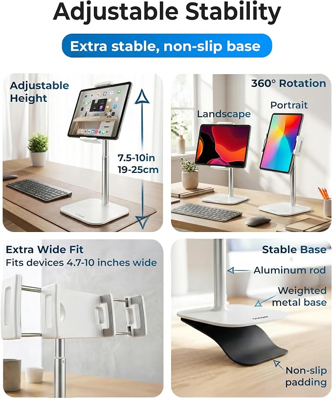 COOPER TabStand Mini 10" Tablet Stand, iPad Stand for Desk, Tablet Mount | 7.5-10" Adjustable, Weighted Base, Strong Grip, Portable Monitor Holder, Tripod iPad Holder; Fits Samsung, Kindle, iPad Pro - Image 4