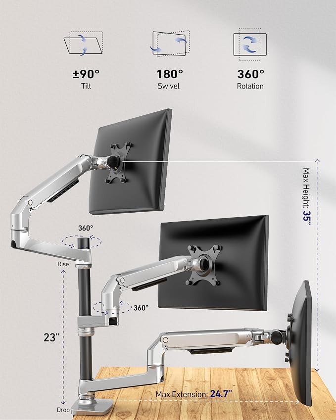 Ergounion Heavy Duty Triple Monitor Mount, Mechanical Spring 3 Monitor Arm for Ultrawide & Curved Screens, Fits Three 13-40 Inch Displays up to 25 lbs Per Arm, Premium Aluminum VESA Stand, Silver - Image 3