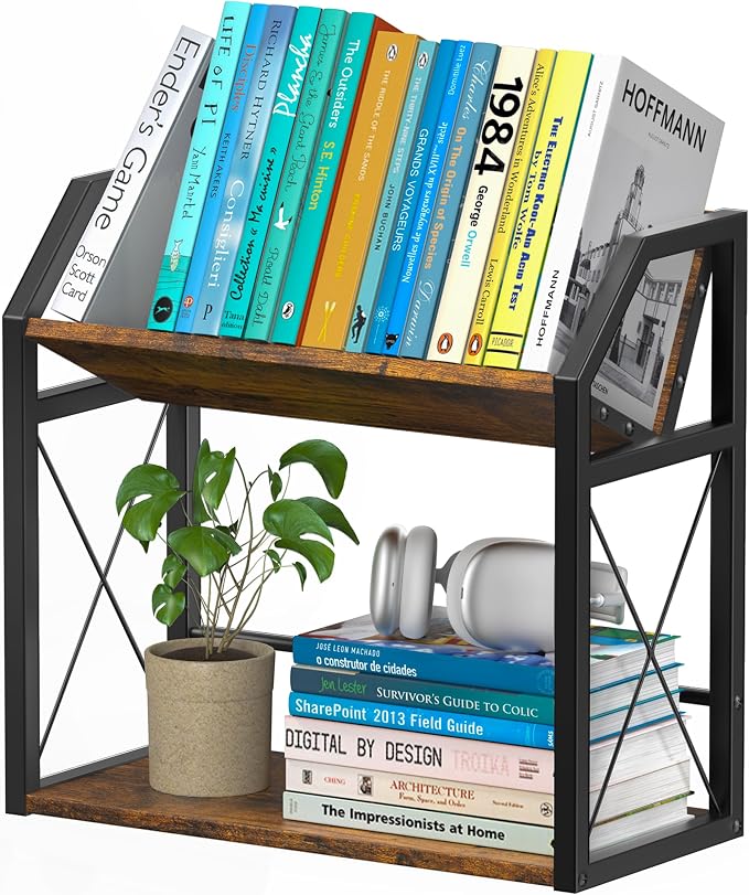 Desktop Bookshelf, Wooden Desk Shelf Organizer, Brown | 2-Tier Desk Top Storage Rack for Office, Dorm, Bedroom Decor, Small Tabletop Shelf for Books, Plants & Accessories by ART-GIFTREE