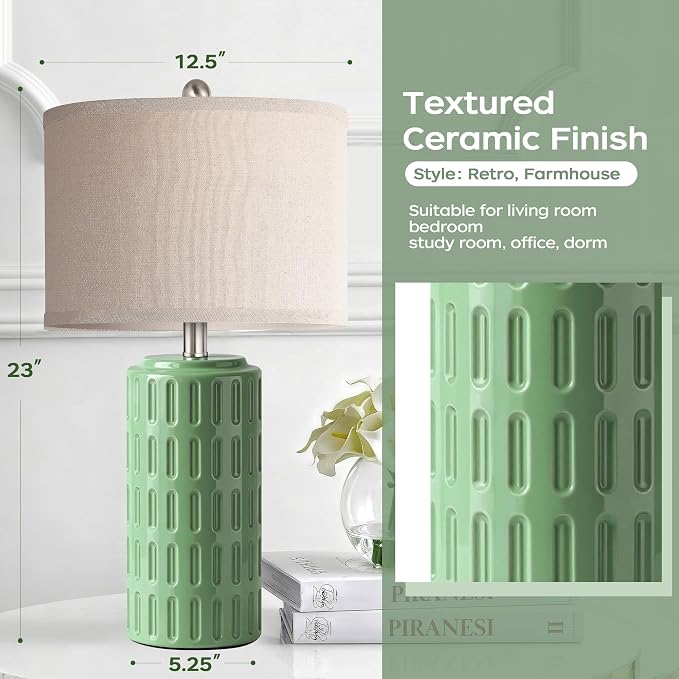 23" Farmhouse Modern Ceramic Table Lamp Set of 2 - Sage Green Bedside Lamps for Bedroom & Living Room, Nightstand, Desk, End Table - Image 3