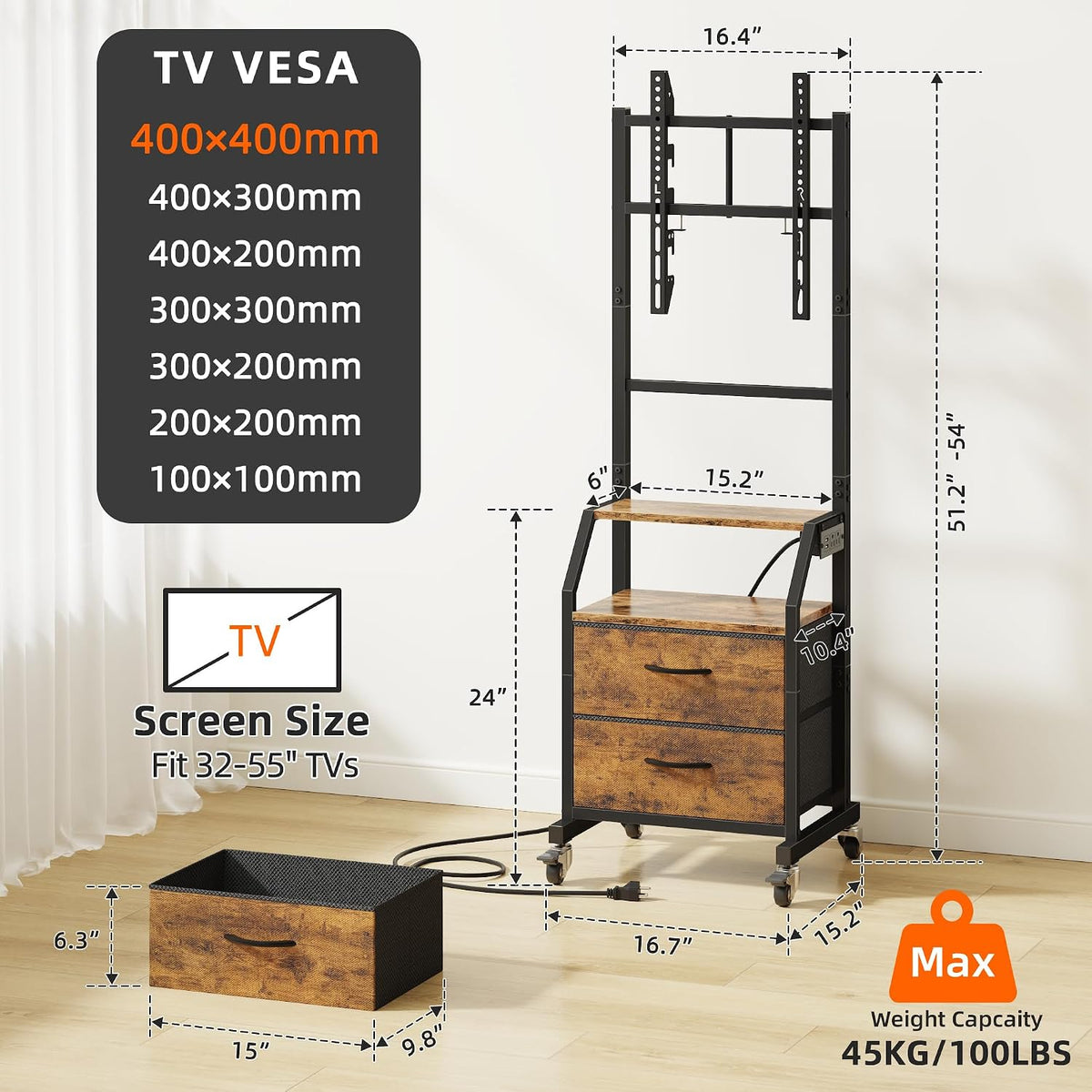 GYIIYUO Rolling TV Stand with 2 Storage Fabric Drawers/Power Outlet/Mount - Image 7