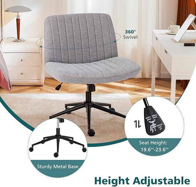 OLIXIS Criss Cross Chair with Wheels, Vanity Chair, Home Office Desk | Wide Seat Armless, Comfy Fabric, Height Adjustable Swivel Rolling, Home Computer Task Seating for Bedroom Study, Grey Fabric - Image 5