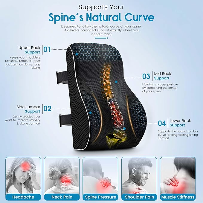 RUKHS Lumbar Pillow, Back Support for Office Chair and Car, Memory Foam | lumbar support for car, back support pillow for office chair, dual adjustable straps, breathable mesh, supports up to 300 lbs - Image 4