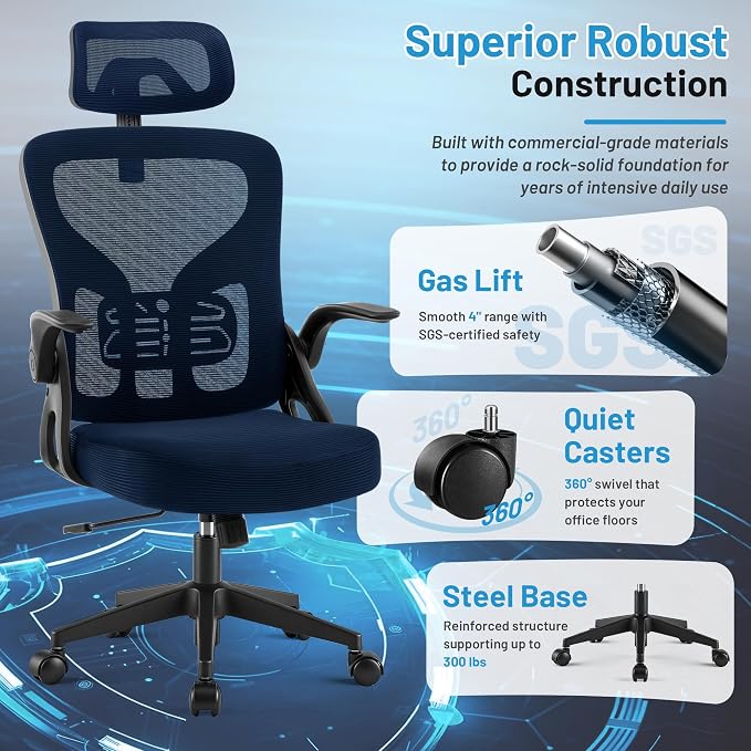 Office Chair Ergonomic Desk Chair with Adjustable Headrest Lumbar Support, High Back Breathable Mesh Chair with 120° Tilt & Flip-Up Armrests, Swivel Comfy Task Computer Chair for Work, Study - Image 6